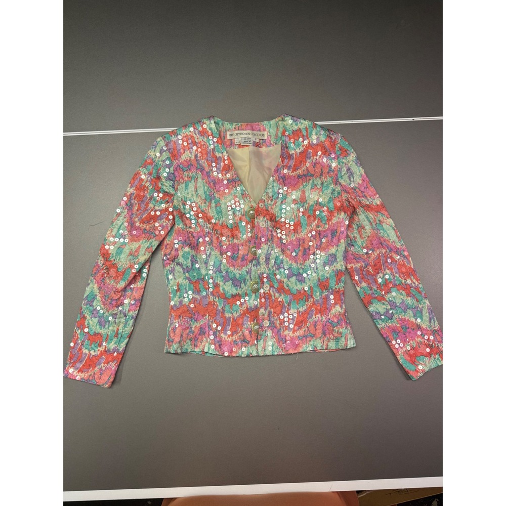 Anne Crimmins for Umi Collections Vintage Silk Sequin Blazer Pink Teal Sz 2P